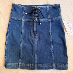 Free People Blue Denim Mini Skirt Lace Up Front Stretch Womens Size 4 NWT